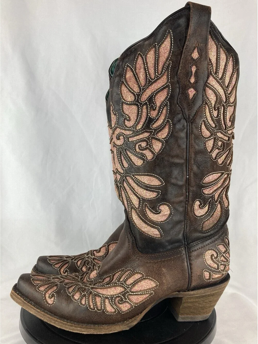 Women’s Size 9 Corral Brown Leather Pink Glitter Wing Inlay Cowboy Boots A3539